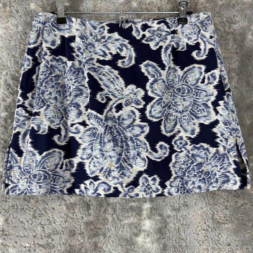 B Moss Size 10 Dark Floral Print Stretch A Line Mini Skirt Black Blue Zip Cotton